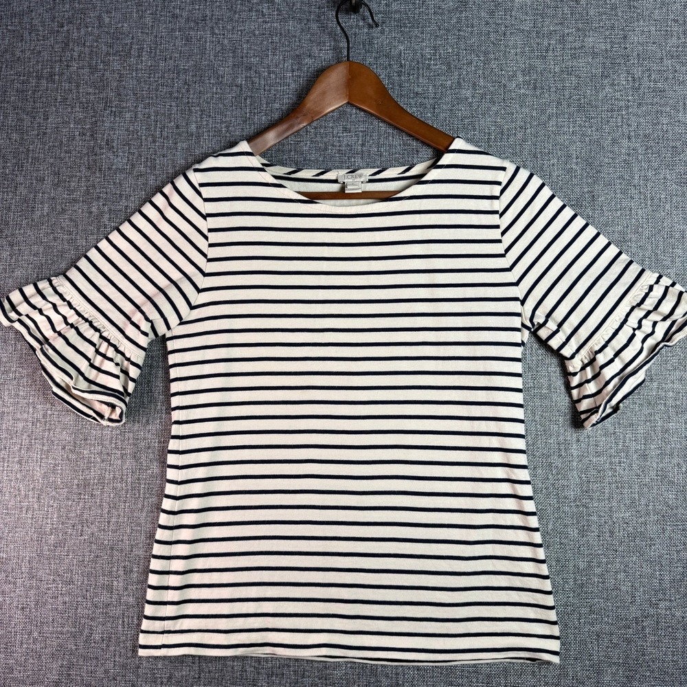 Women J.Crew Shirt |‎ Size S | Navy White Striped Ruffle Bell Sleeve H2174